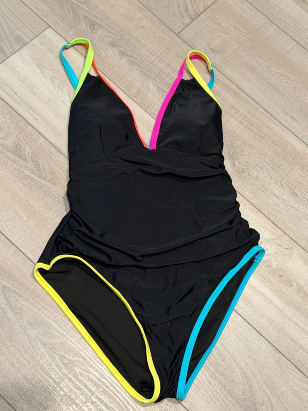 POPVIL Black and Neon Green One-Piece Swimwear- Women L